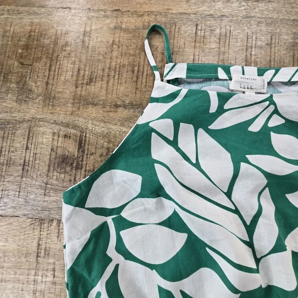 Nicole Miller Artelier Linen Crop Tank Top L Green White Leaf Print Women’s - Picture 4 of 11